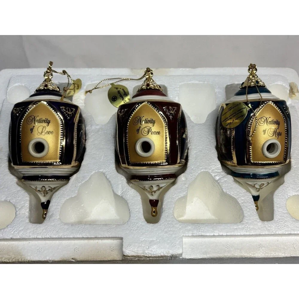 Vtg Bradford 3 Miracles of Light Nativity Peace Love Hope Porcelain Ornaments